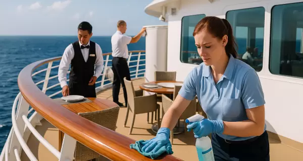 Tripulantes trabajando a bordo de un crucero: tareas intensas y coordinaci�n constante en altamar.
