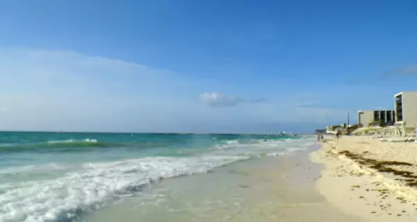 Camastros y ambiente premium frente al mar en Playa Mamitas, donde el glamour y la arena se encuentran.
